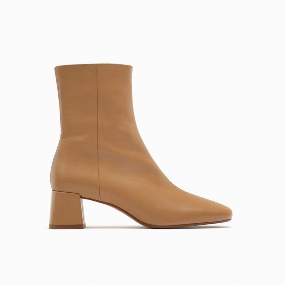 Zara Camel Tan Leather Square Toe Block Heel Ankle Boots 7.5